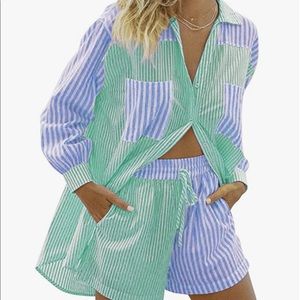 SAFRISIOR  2 Piece Casual Outfit Sets Long Sleeve Shirt +High Waisted Shorts